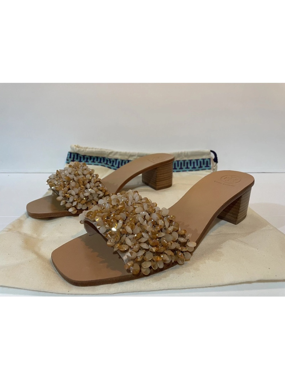 Tory Burch Nude Beaded Slide Sandals with Tan Block Heel